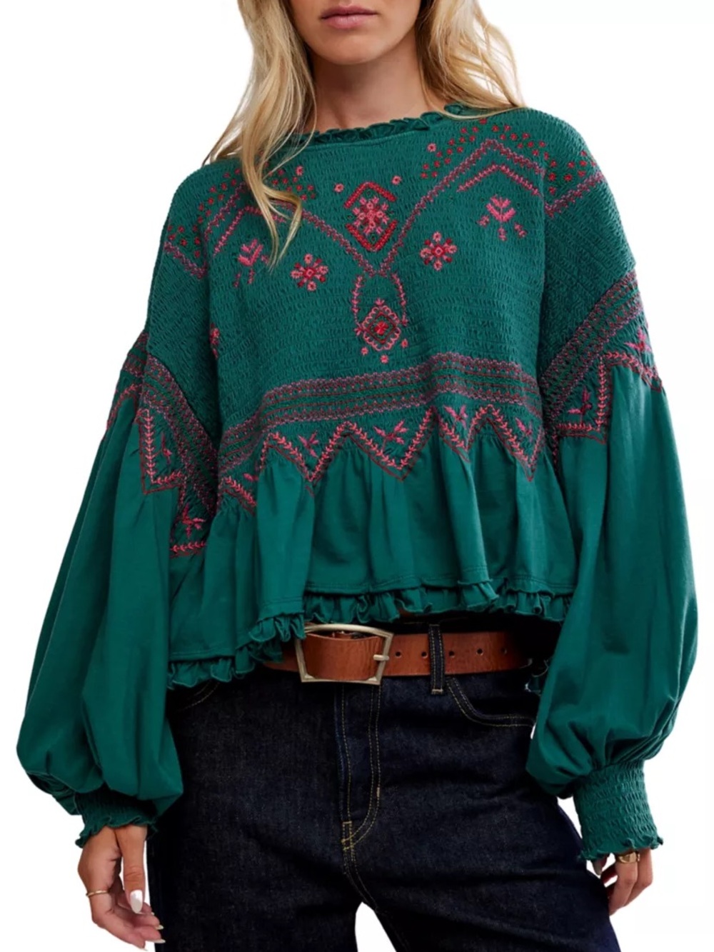Free People Teal Peasant Blouse with Pink Embroidery